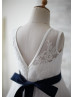 Ivory Lace Tulle V Neck Navy Blue Flower Sash Knee Length Flower Girl Dress 